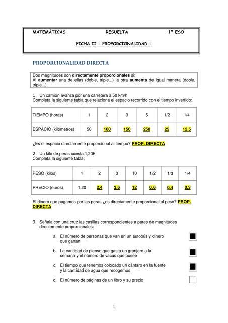 Ejercicios De Proporcionalidad Directa