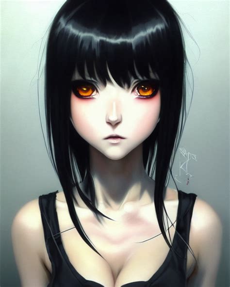 Krea Portrait Anime Goth Girl Cute Fine Face Black Hair Pretty Face Realistic Shaded