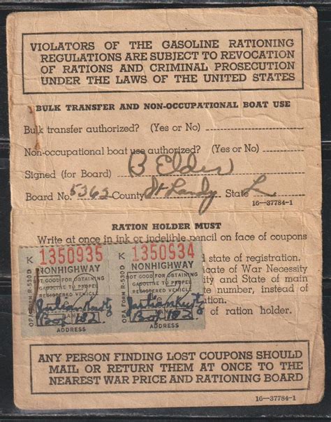 United States Wwii Gas Ration Card With Two Stamps United States