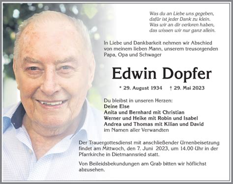 Traueranzeigen von Edwin Dopfer Allgäuer Zeitung