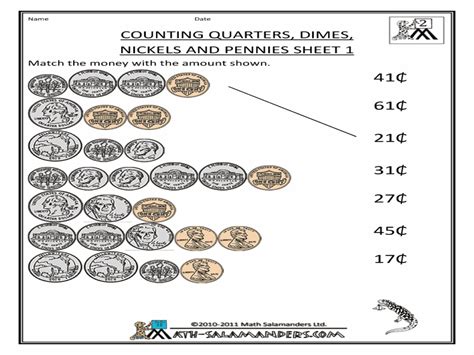 Counting Quarters, Dimes, Nickels and Pennies Sheet 1 Worksheet for 3rd ...