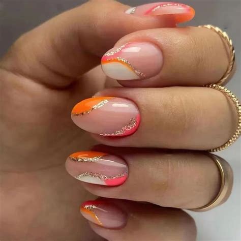 Pcs Almond French Summer Flash Green Pink Love False Nails Press On