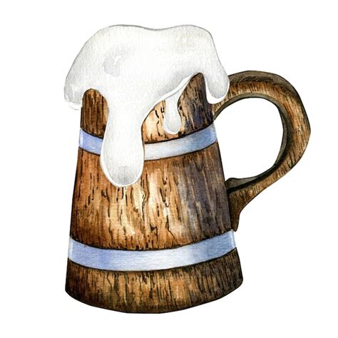 Taza De Cerveza De Madera E Ilustraci N De Acuarela De Espuma Aislada