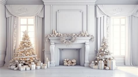 Premium AI Image | A christmas scene with a fireplace and christmas trees.