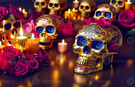 Caveira Dia De Los Muertos - caveira de ouro para dia de los muertos - dia dos mortos com velas e ...