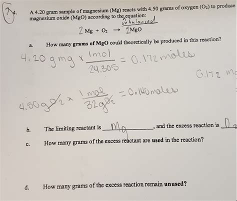 Solved A 4 20 Gram Sample Of Magnesium Mg Reacts With 4 50 Chegg