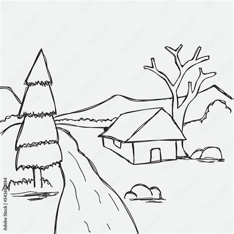 natural scenery illustration sketch of mountains and rivers, in hand drawn black line style ...