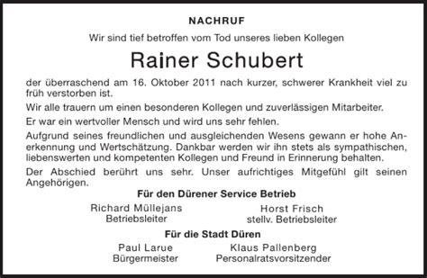 Traueranzeigen Von Rainer Schubert Aachen Gedenkt