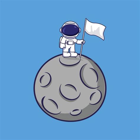 Astronauta De Dibujos Animados Ondeando La Bandera En La Luna