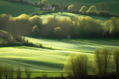 Beautiful Landscape Of Fields With Green Vegetation Ai Generated Stock Illustration