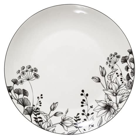 Assiette Plate En Porcelaine D27cm WHITE FLORAL Blanc Et Noir Veo Shop