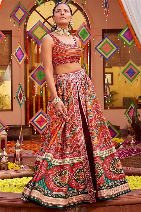 Multi Colored Raw Silk Sequins Embroidered And Printed Wedding Lehenga Set By Kalista At Pernia S