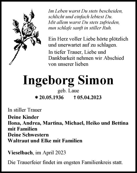 Traueranzeigen Von Ingeborg Simon Trauer In Thueringen De