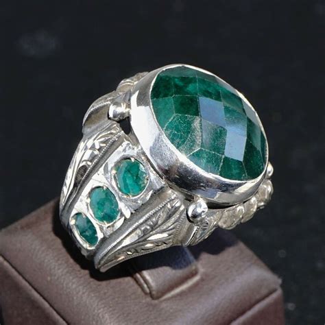 Stunning Handcrafted Sterling Silver Mens Ring With Natural Emerald