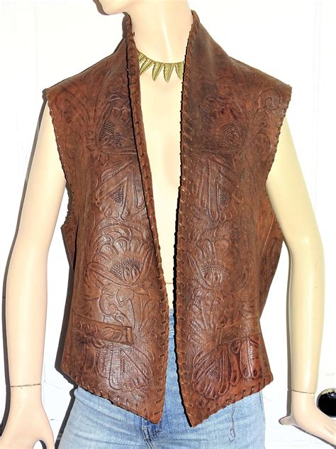 Vintage S Unisex Hand Tooled Western Leather Vest With Etsy