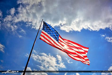 Patriotic American Flag Blue Sky With Clouds Hdr Photography By