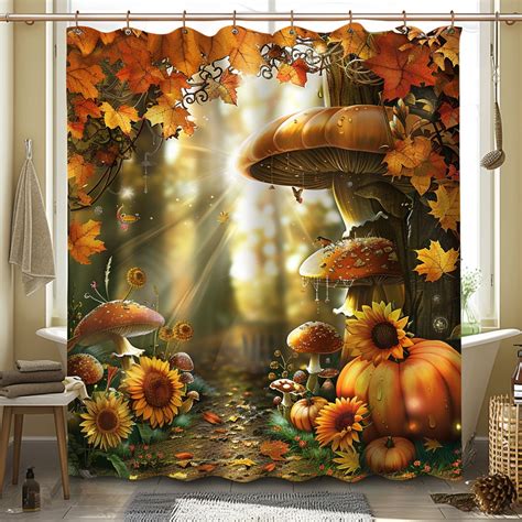 Enchanted Forest Autumn Shower Curtain With Mushrooms Pumpkins And