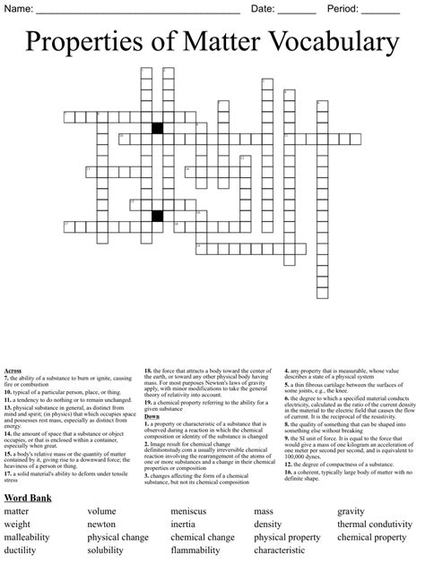 Properties Of Matter Vocabulary Crossword Wordmint