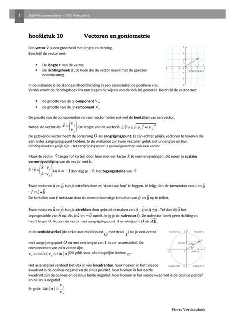 Samenvatting Vectoren En Goniometrie Wiskunde B 5 Vwo Wiskunde B