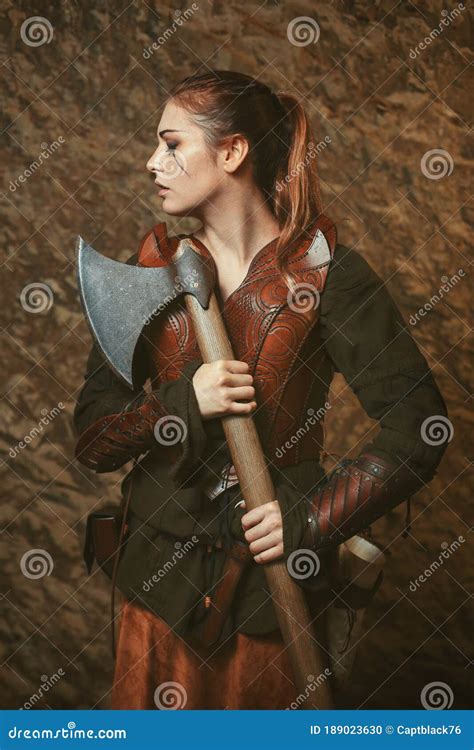 Fighter Woman Poses With Battle Axe Stock Photo Image Of Leather