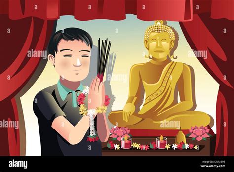 A Vector Illustration Of A Buddhist Man Praying In A Temple Stock