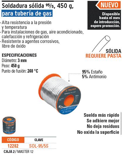 12282 SOL 95 5S TRUPER Truper Soldadura sólida 95 5 para tubería de