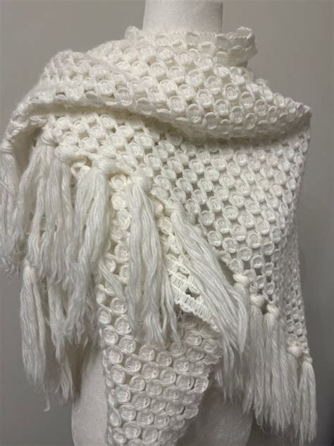 60s 70s White Acrylic Shawl Fringe Shawl White Boho Gem