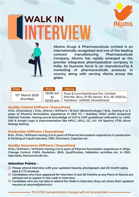 Akums Drugs Pharmaceuticals Walk In Interview For Qa Qc