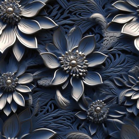 Premium Photo A Blue Wallpaper With Flowers And Leaves