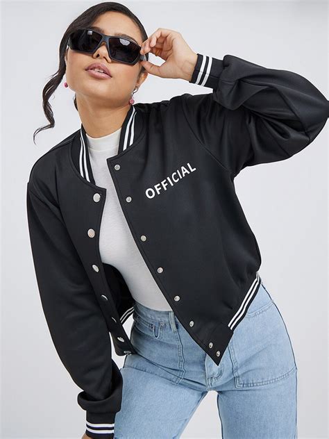 Buy Styli Women Black Varsity Jacket With Embroidered Jackets For