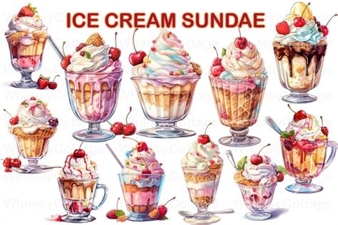 12 Ice Cream Sundae Watercolor Clipart Sweet Treats Clipart