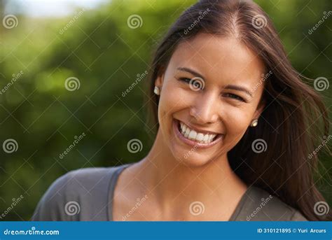 Portrait Happy And Woman In A Park For Travel Adventure Or Calm