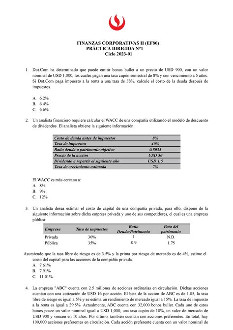 PD1 Finanzas Corporativas II 2023 01 UPC Studocu