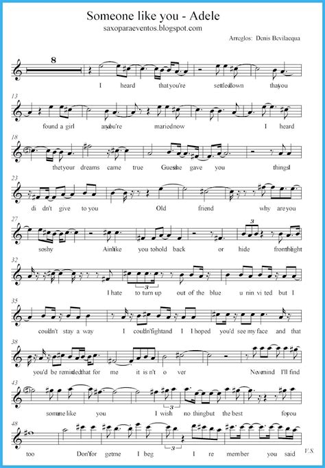 Someone Like You Adele Score And Track Sheet Music Free Free Sheet Music For Sax