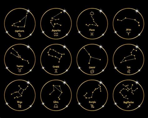 Constellations De Signes Du Zodiaque Dans Des Cercles Brillants Dorés