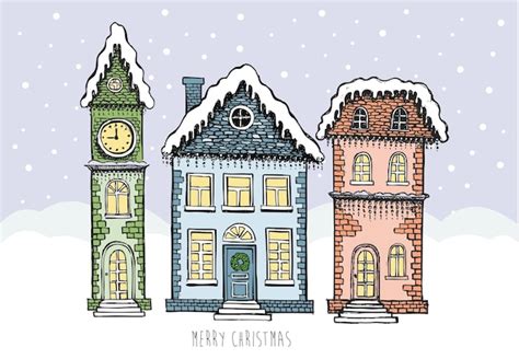 Premium Vector Illustration Of Houses Christmas Greeting Card Set