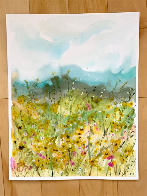 Original Watercolor Painting Floral Painting Field Of Flowers Modern