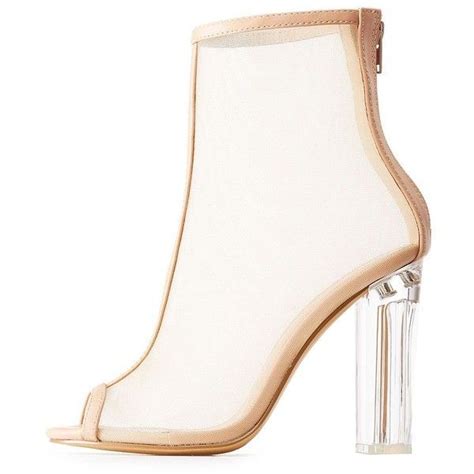 Nude Mesh Peep Toe Booties With Lucite Heels