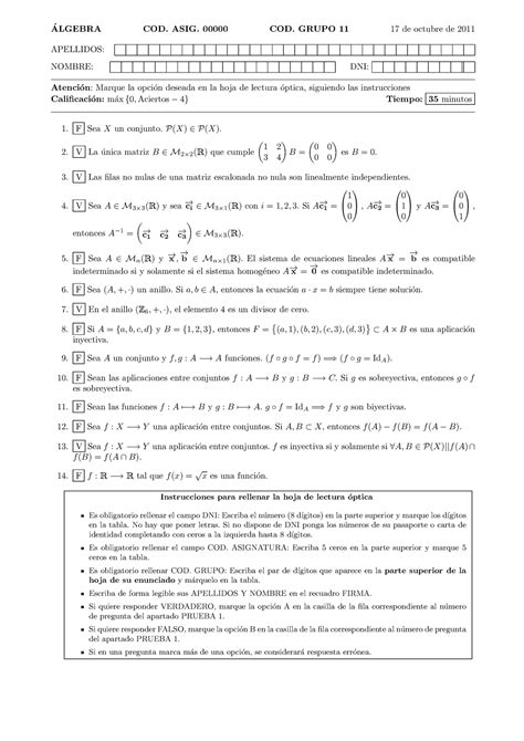 Exámen diciembre 2011 preguntas y respuestas ALGEBRA COD ASIG COD