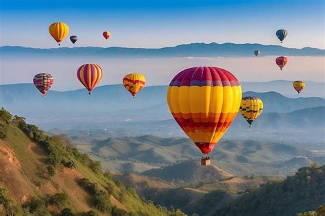 Premium Photo Colorful Hot Air Balloons Flying Over Mountain At Dot