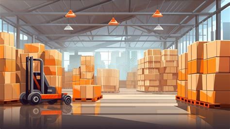 Warehouse Center Pallets With Boxes In Building Forklift Inside