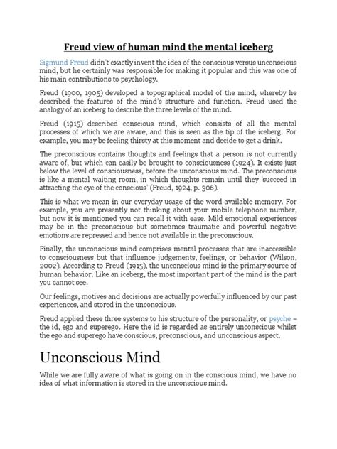 Unconscious Mind Freud View Of Human Mind The Mental Iceberg Pdf Unconscious Mind Id