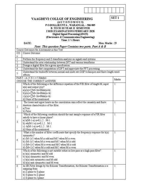 Dsp Mcq Paper Pdf Digital Signal Processing Discrete Fourier