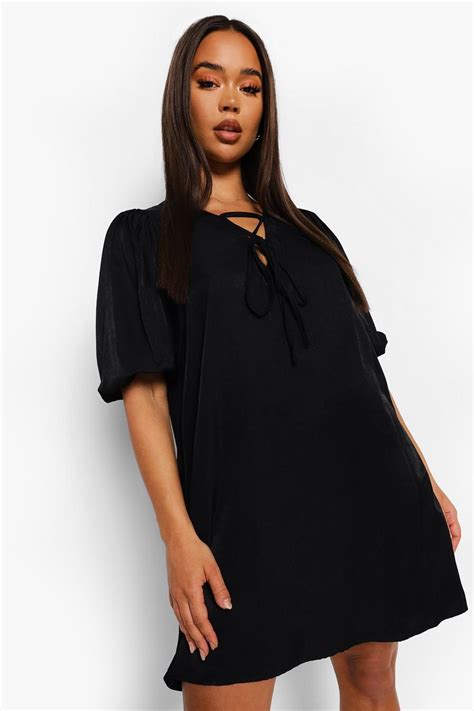 Puff Sleeve Tie Detail Smock Dress Boohoo