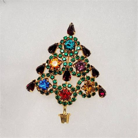 Vintage Multi Color Rhinestone Christmas Tree Brooch Gem