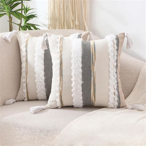 Tosleo Boho Pillow Covers 18x18 Inch Set Of 2 With Beige Gray Striped Chenille Throw