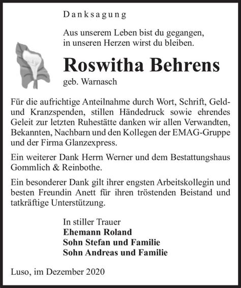 Traueranzeigen Von Roswitha Behrens Geb Warnasch Abschied