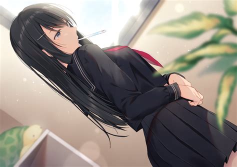 anime girl  black hair  grey eyes
