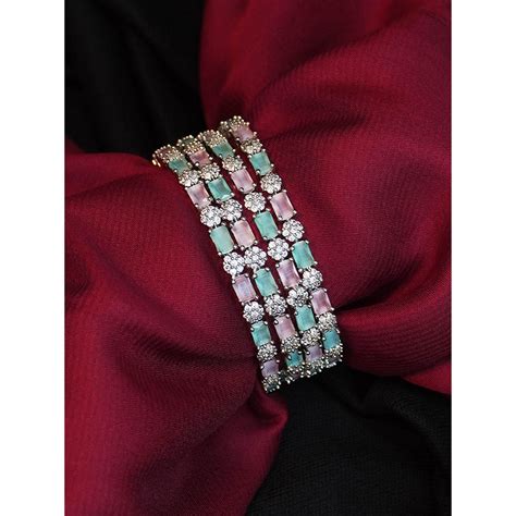 Buy Niscka Rhodium Plated Cyan And Pink American Diamond Ad And Cz