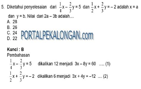 Latihan Soal Dan Pembahasan Penilaian Harian Matematika Smp Mts Kelas 8 Spldv Part 5 Dan Kunci